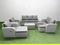Fimous Pe Rattan Garden Furniture Set Adjustable Chair Sofa 2 Seater Sofa Lounge Set Oblong Coffee Table 3 Stools Light Grey - thumbnail 2