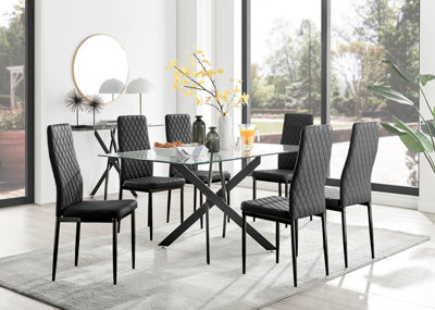 Furniturebox Leonardo 6 Seater Rectangular Glass Dining Table With Silver Metal Legs & 6 Black Milan Faux Leather Black Leg Chairs - image 1