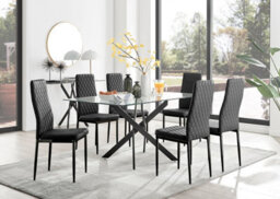 Furniturebox Leonardo 6 Seater Rectangular Glass Dining Table With Silver Metal Legs & 6 Black Milan Faux Leather Black Leg Chairs