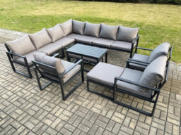 Fimous Aluminium 13 Seater Outdoor Garden Furniture Set Lounge Corner Sofa Oblong Coffee Table Chair Sets With 3 Footstools - thumbnail 1