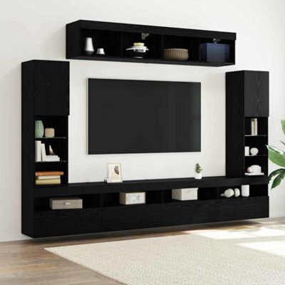 Berkfield 8 Piece Tv Wall Units With Led Black Oak Engineered Wood - image 1