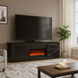 Granero Tv Cabinet With Built In Electric Fireplace Modern Living Room Entertainment Unit Black Black Gloss - thumbnail 1