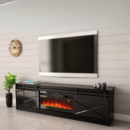 Granero Tv Cabinet With Built In Electric Fireplace Modern Living Room Entertainment Unit Black Black Gloss - thumbnail 2