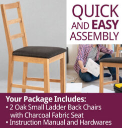 Hallowood Furniture Pair Of Oak Small Ladder Back Chairs With Charcoal Fabric Seat - thumbnail 7