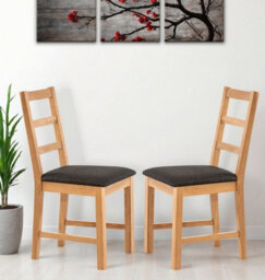 Hallowood Furniture Pair Of Oak Small Ladder Back Chairs With Charcoal Fabric Seat