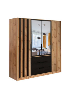 Arte Bali Lux 4-Door Wardrobe - Oak Wotan & Black Matt With Mirror And Lamella Detailing - image 1