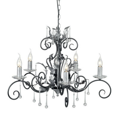 Elegant 5 Bulb Handmade Chandelier With Cut Glass In Black And Silver For Stunning Interiors