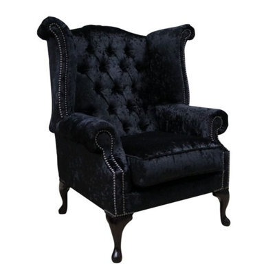 Chesterfield High Back Wing Chair Shimmer Black Real Velvet Bespoke In Queen Anne Style - image 1