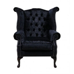 Chesterfield High Back Wing Chair Shimmer Black Real Velvet Bespoke In Queen Anne Style - thumbnail 2
