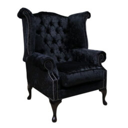 Chesterfield High Back Wing Chair Shimmer Black Real Velvet Bespoke In Queen Anne Style - thumbnail 1