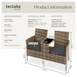 Tectake Garden Bench Narbonne - 2-Seater With Table, Weather-Resistant Polyrattan - Nature/dark Grey - 1 - thumbnail 6