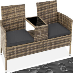 Tectake Garden Bench Narbonne - 2-Seater With Table, Weather-Resistant Polyrattan - Nature/dark Grey - 1 - thumbnail 1