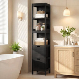 Tall Bathroom Storage Cupboard Narrow Freestanding Floor Cabinet - thumbnail 4
