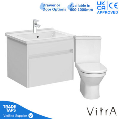 Vitra 600mm Wall Hung Bathroom Vanity Unit With 1 Drawer Includes Basin, Chrome Tap And Close Coupled Toilet Set - White Gloss - image 1