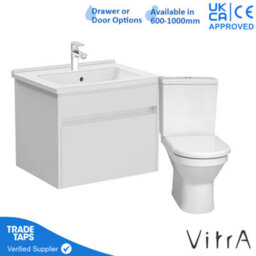 Vitra 600mm Wall Hung Bathroom Vanity Unit With 1 Drawer Includes Basin, Chrome Tap And Close Coupled Toilet Set - White Gloss - thumbnail 1