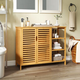 Costway Bamboo Bathroom Cabinet 2-Door Storage Cabinet W/ Shelves-Natural - thumbnail 3