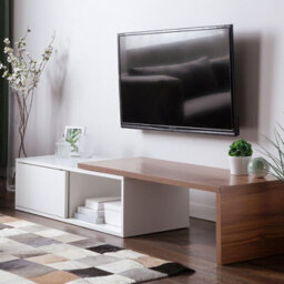 Beliani Tv Stand, White And Light Brown Mdf, Extending Top For Tvs Up To 70 Inch - - thumbnail 2