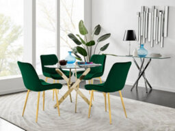 Furniturebox Uk 4 Seater Dining Set - Novara 100Cm Gold Round Glass Dining Table And Chairs - 4 Green Velvet Pesaro Gold Chairs