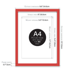 A4 Red Picture Frame With Mount For A5 (14.8 X 21Cm - 5.8 X 8.3In) Poster, Photo, Artwork, Or Print. - thumbnail 2