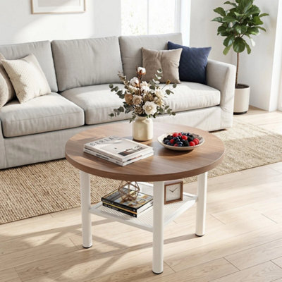 Modern Circular Coffee Table With Under Shelf And White Metal Legs Farmhouse - image 1