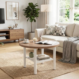 Modern Circular Coffee Table With Under Shelf And White Metal Legs Farmhouse - thumbnail 3