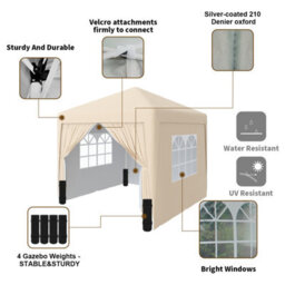 Sundaze Garden Pop Up Gazebo Party Tent Camping Marquee Canopy With 4 Sidewalls Carrying Bag Beige 3X3M - thumbnail 4