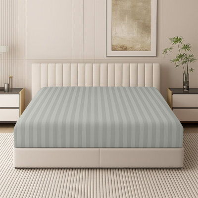 Oxford Homeware Silver Satin Stripe Fitted Sheet 40Cm Extra Deep Pocket Easy Care Bedding Sheet (W)137Cmx(L)191Cm (Double) - image 1