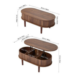 Walnut Lift Top Coffee Table Oval Wooden Center Table With 3 Compartment Hidden Storage - thumbnail 2