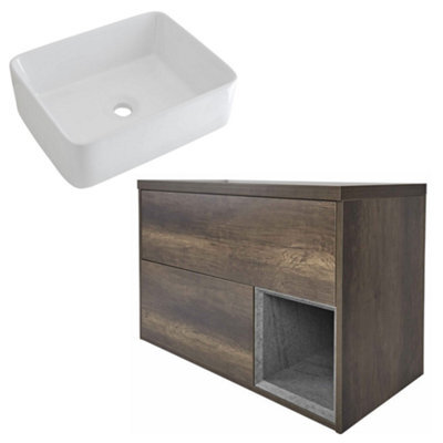 Homestylestore 800mm Dark Oak Led Lit Wall Hung Bathroom Vanity Unit With Rectangular Countertop Basin - image 1