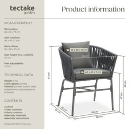 Tectake Accent Chair Valeiras - Woven Rope Design, Thick Cushions, 60 X 61 X 77Cm - Dark Grey/dark Grey - Set Of 2 - thumbnail 6