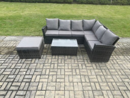 Fimous 7 Seater High Back Outdoor Garden Furniture Set Rattan Corner Sofa Set With Rectangular Coffee Table - thumbnail 2