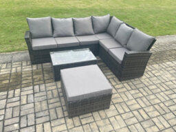 Fimous 7 Seater High Back Outdoor Garden Furniture Set Rattan Corner Sofa Set With Rectangular Coffee Table - thumbnail 1