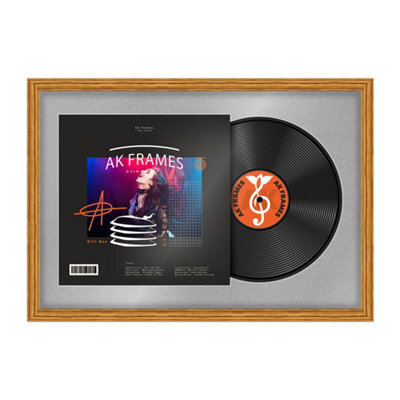 "AK Frames 25X17"" Oak Classic Vinyl Record Frame With Silver Mount For 12 Inch Lp Cover & Disc - Overlapped Design" - image 1