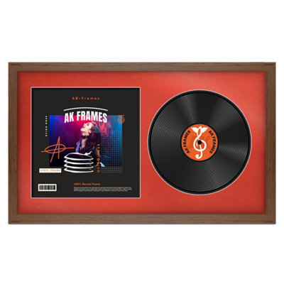 "30X17"" Walnut Modern Vinyl Record Frame With Poppy Red Mount For 12 Inch Lp Album Cover & Disc - Ak Frames" - image 1