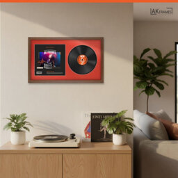 "30X17"" Walnut Modern Vinyl Record Frame With Poppy Red Mount For 12 Inch Lp Album Cover & Disc - Ak Frames" - thumbnail 5