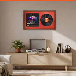 "30X17"" Walnut Modern Vinyl Record Frame With Poppy Red Mount For 12 Inch Lp Album Cover & Disc - Ak Frames" - thumbnail 8