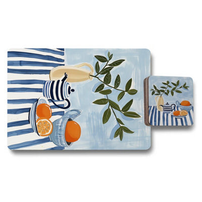 Benjamin Tate Design Blue Stripe Placemat And Coaster Set Of 12 From Designer Artwork Collection With Olive Branch Wood Base Limited Edition - image 1
