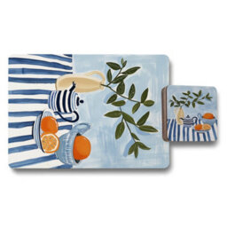 Benjamin Tate Design Blue Stripe Placemat And Coaster Set Of 12 From Designer Artwork Collection With Olive Branch Wood Base Limited Edition