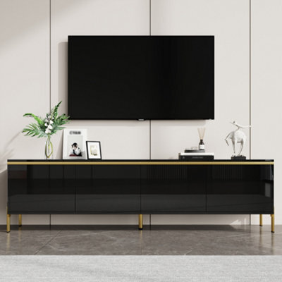 Btm High Gloss Tv Stand, 4 Door Media Console With Cable Management And Gold Trim, Storage Tv Cabinet - image 1