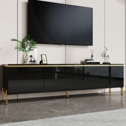 Btm High Gloss Tv Stand, 4 Door Media Console With Cable Management And Gold Trim, Storage Tv Cabinet - thumbnail 5