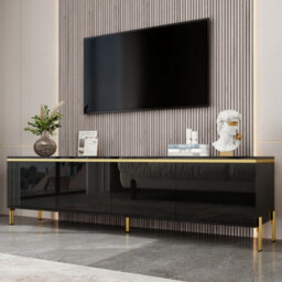 Btm High Gloss Tv Stand, 4 Door Media Console With Cable Management And Gold Trim, Storage Tv Cabinet - thumbnail 4
