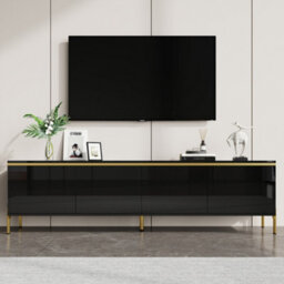 Btm High Gloss Tv Stand, 4 Door Media Console With Cable Management And Gold Trim, Storage Tv Cabinet - thumbnail 1