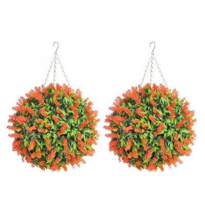 Pair Of Best Artificial 38Cm Orange Lush Lavender Hanging Basket Flower Topiary Ball - Weather & Fade Resistant - image 1