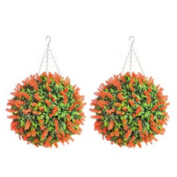 Pair Of Best Artificial 38Cm Orange Lush Lavender Hanging Basket Flower Topiary Ball - Weather & Fade Resistant