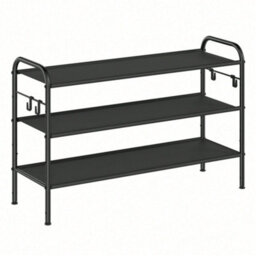 LEDREM 3-Tier Shoe Organizer, Fabric Shoe Shelf Storage With 4 Hooks, Holds Up To 15 Pairs Of Shoes, Height-Adjustable Shoe Rack, Black - thumbnail 3