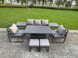 Fimous 8-Piece Aluminium Garden Furniture Sets 7 Seater With Adjustable Rising Lifting Dining Table 2 Chairs 2 Side Tables - thumbnail 2