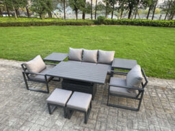 Fimous 8-Piece Aluminium Garden Furniture Sets 7 Seater With Adjustable Rising Lifting Dining Table 2 Chairs 2 Side Tables - thumbnail 1