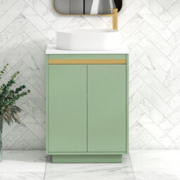 Royal Bathrooms Orion 600mm Mint Sage Floor Standing Plain White Countertop Vanity Unit 2 Door With Peak Basin & Brushed Brass Accent Trim
