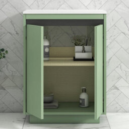 Royal Bathrooms Orion 600mm Mint Sage Floor Standing Plain White Countertop Vanity Unit 2 Door With Peak Basin & Brushed Brass Accent Trim - thumbnail 4