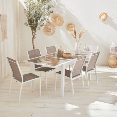 Sweeek - 6-Seater Extendable Aluminium Garden Table Set With Chairs White 210X90X75 Cm - Orlando - image 1